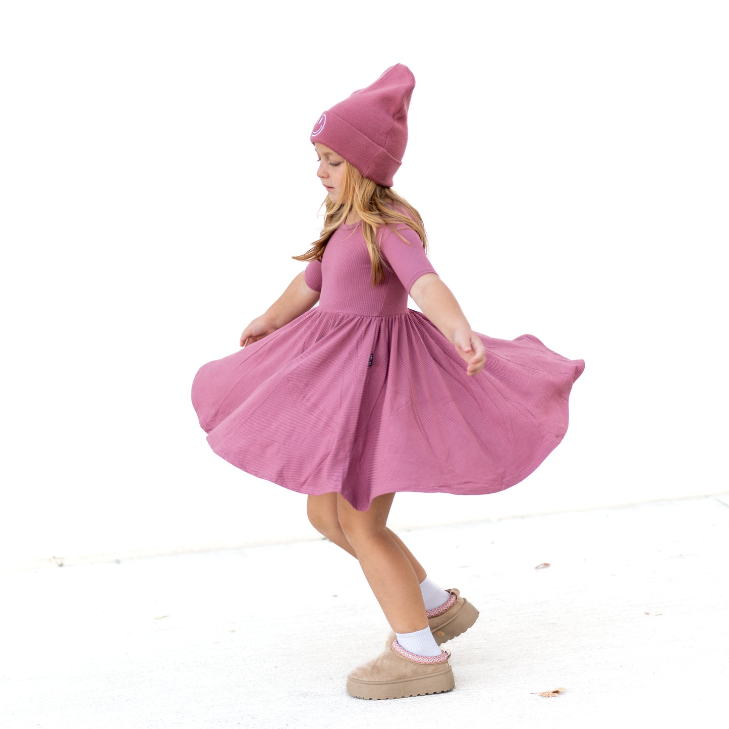MID SLEEVE TWIRL DRESS- Mauve Ribbed