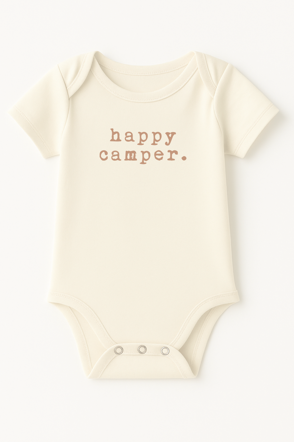 baby boy girl clothes, onesie, onsie, organic cotton, made in usa, bodysuit, cream, minimalist, natural, clean, cute, happy camper camping onsie