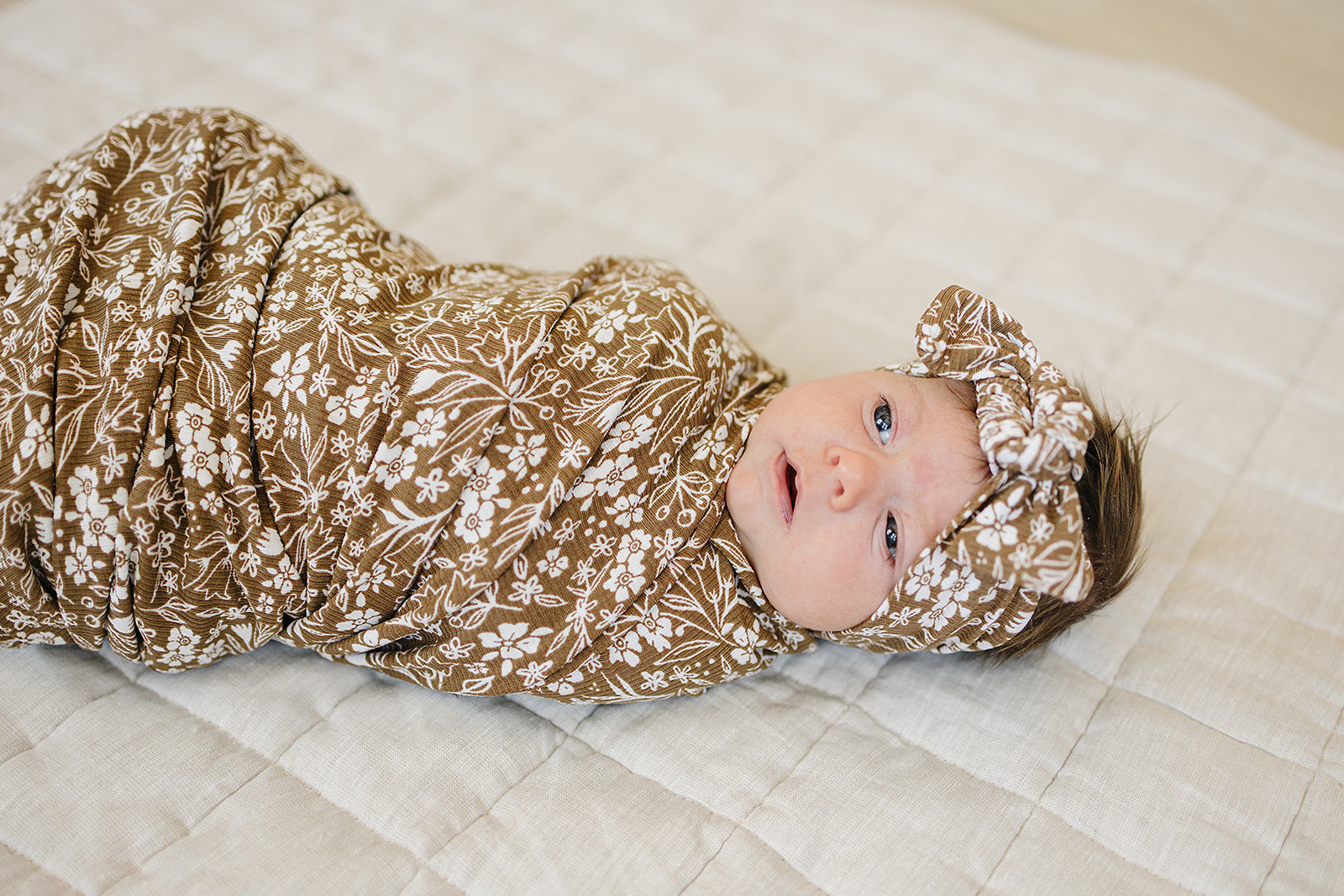 Brown Floral Ribbed Bamboo Stretch Swaddle