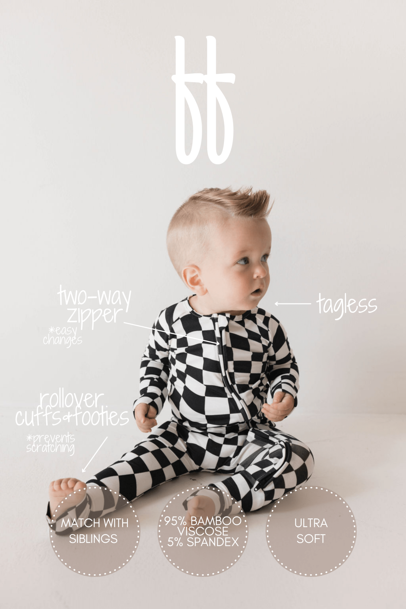 Bamboo Zip Pajamas | Black & White Wavy Checkerboard - Tenth & Pine - pajamas - Newborn