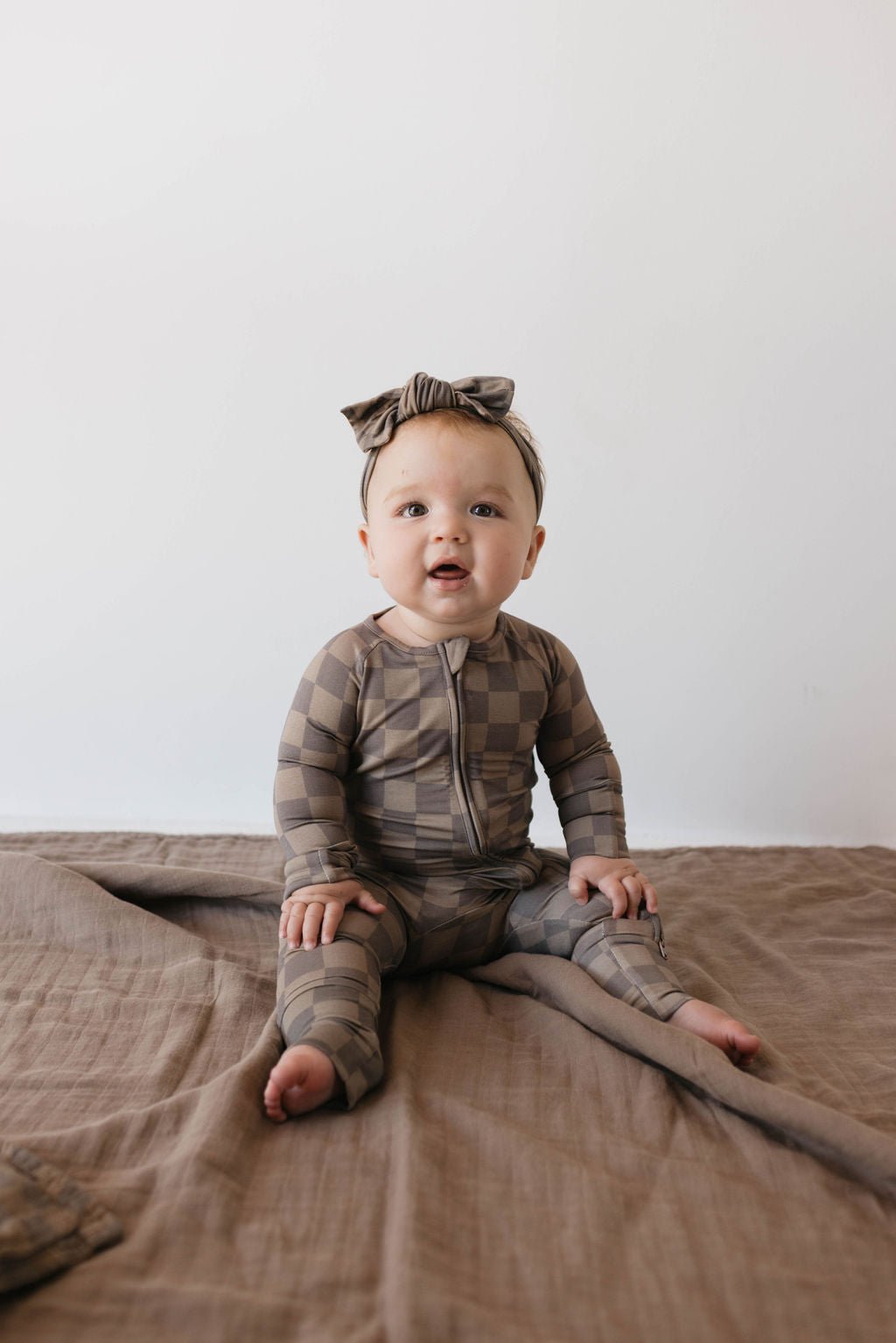 Bamboo Zip Pajamas | Faded Brown Checkerboard - Tenth & Pine - Newborn