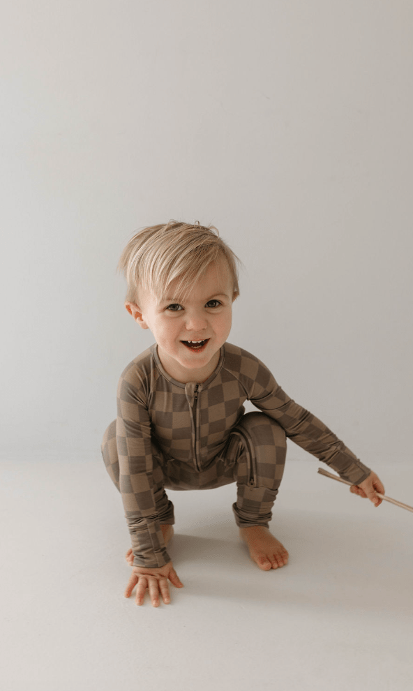 Bamboo Zip Pajamas | Faded Brown Checkerboard - Tenth & Pine - Newborn