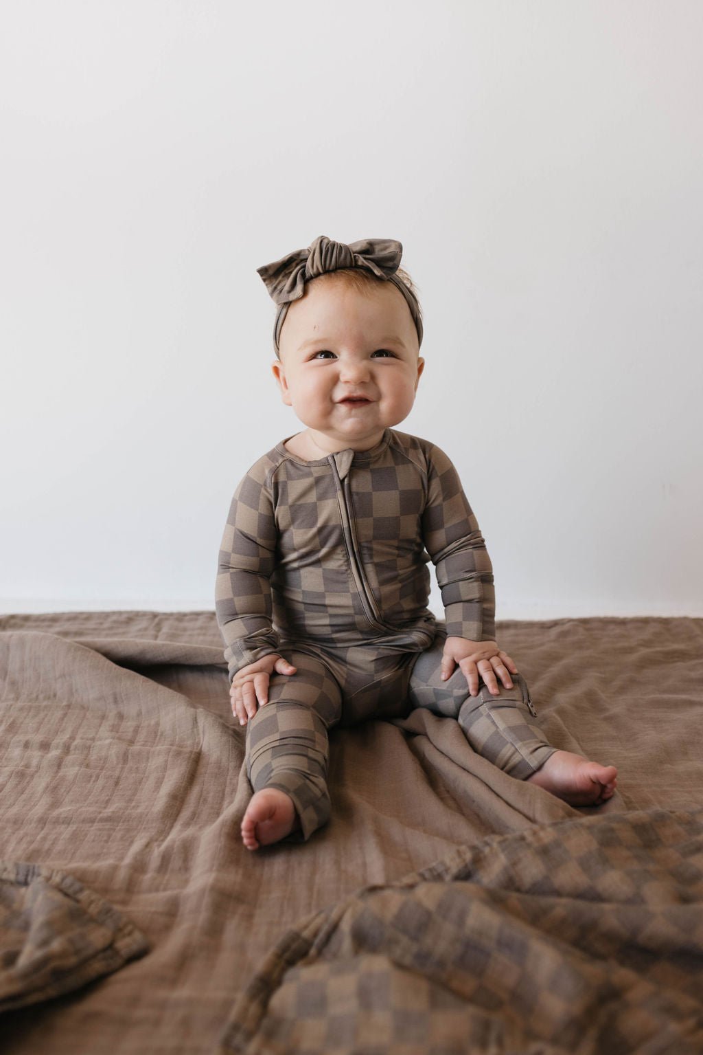 Bamboo Zip Pajamas | Faded Brown Checkerboard - Tenth & Pine - Newborn