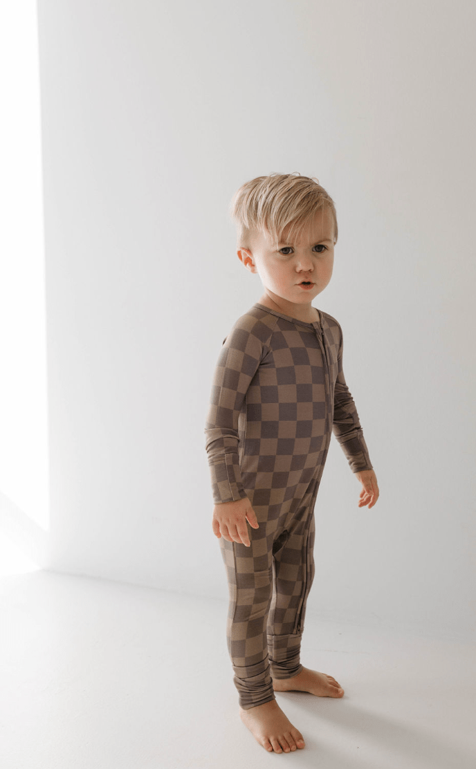 Bamboo Zip Pajamas | Faded Brown Checkerboard - Tenth & Pine - Newborn