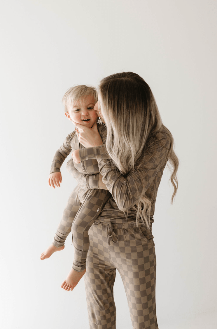Bamboo Zip Pajamas | Faded Brown Checkerboard - Tenth & Pine - Newborn