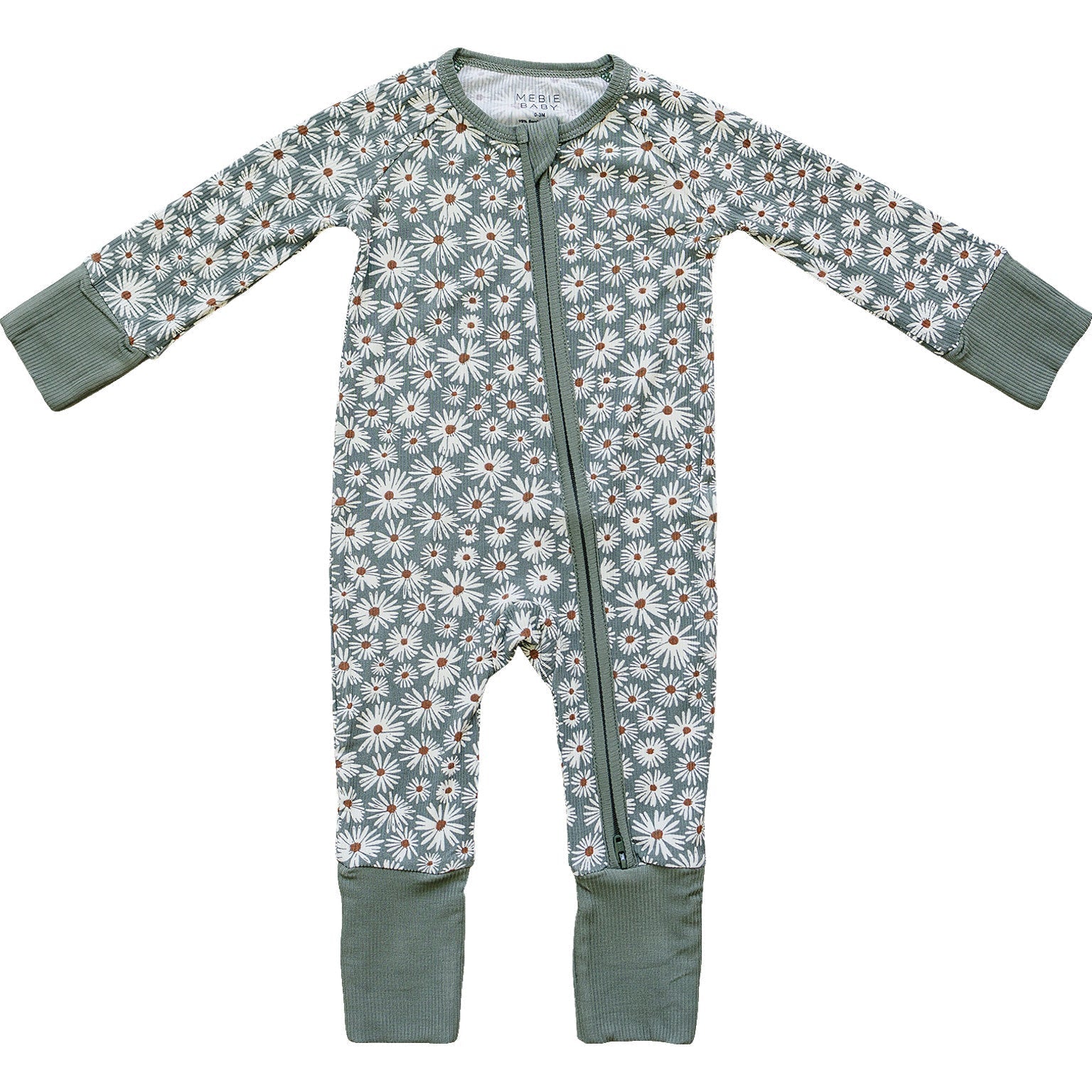 Dark Green Daisy Ribbed Bamboo Zipper - Tenth & Pine - zip rompers - NB - Mebie Baby