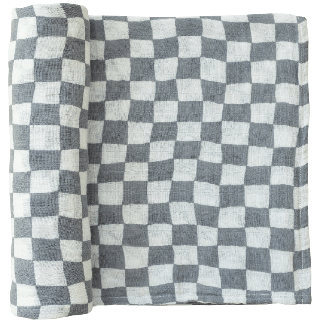 Dusty Blue Wavy Checkered Muslin Swaddle Blanket - Tenth & Pine -