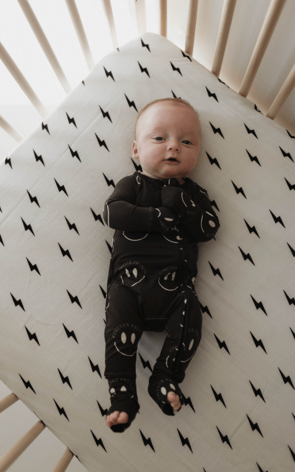 Muslin Crib Sheet | White & Black Lightning Bolt - Tenth & Pine - Crib Sheet - forever french baby