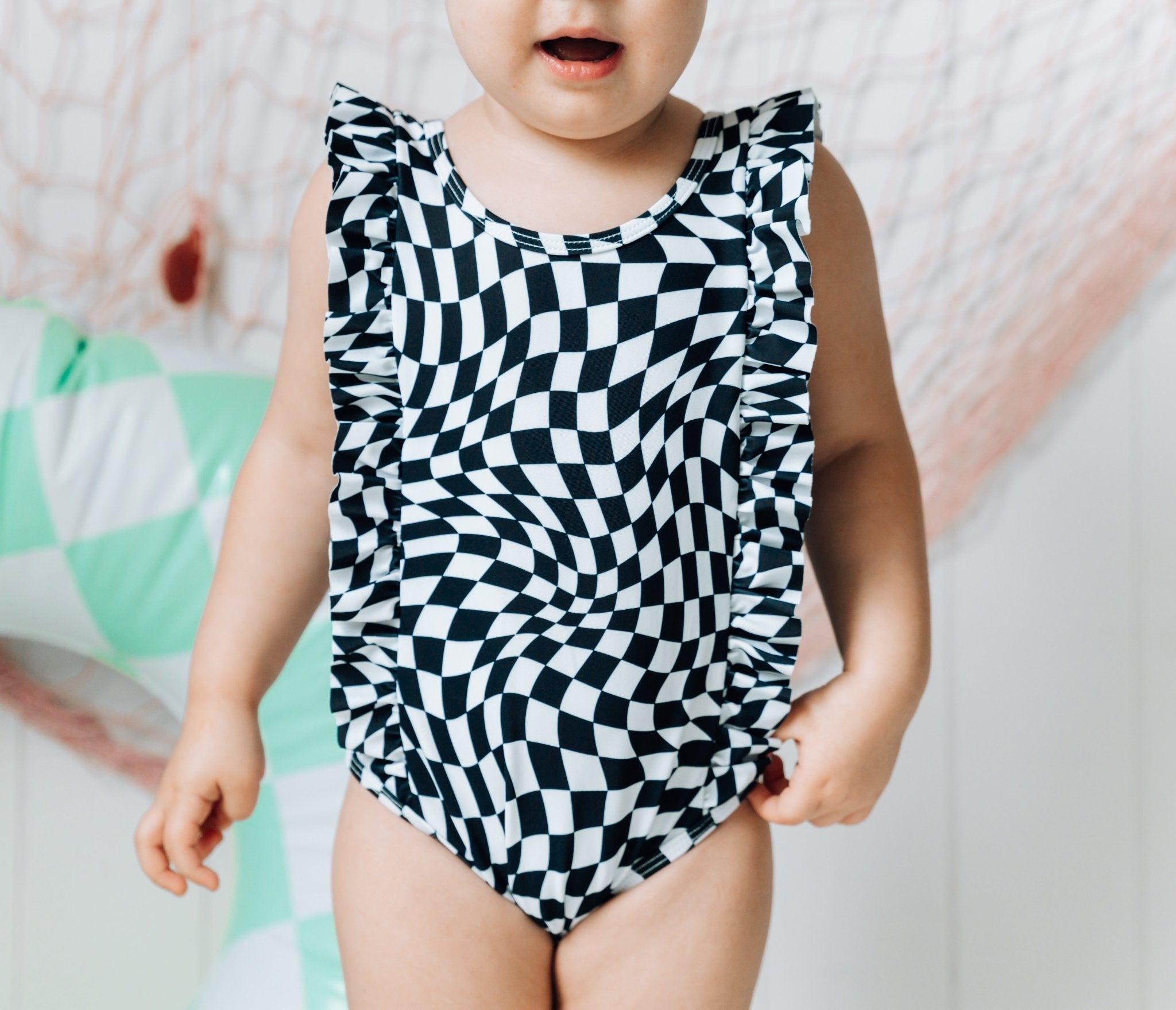 RUFFLE SWIMSUIT - Black Dizzy Check - Tenth & Pine - Ruffle Swimsuit - 6/12m - millie + roo