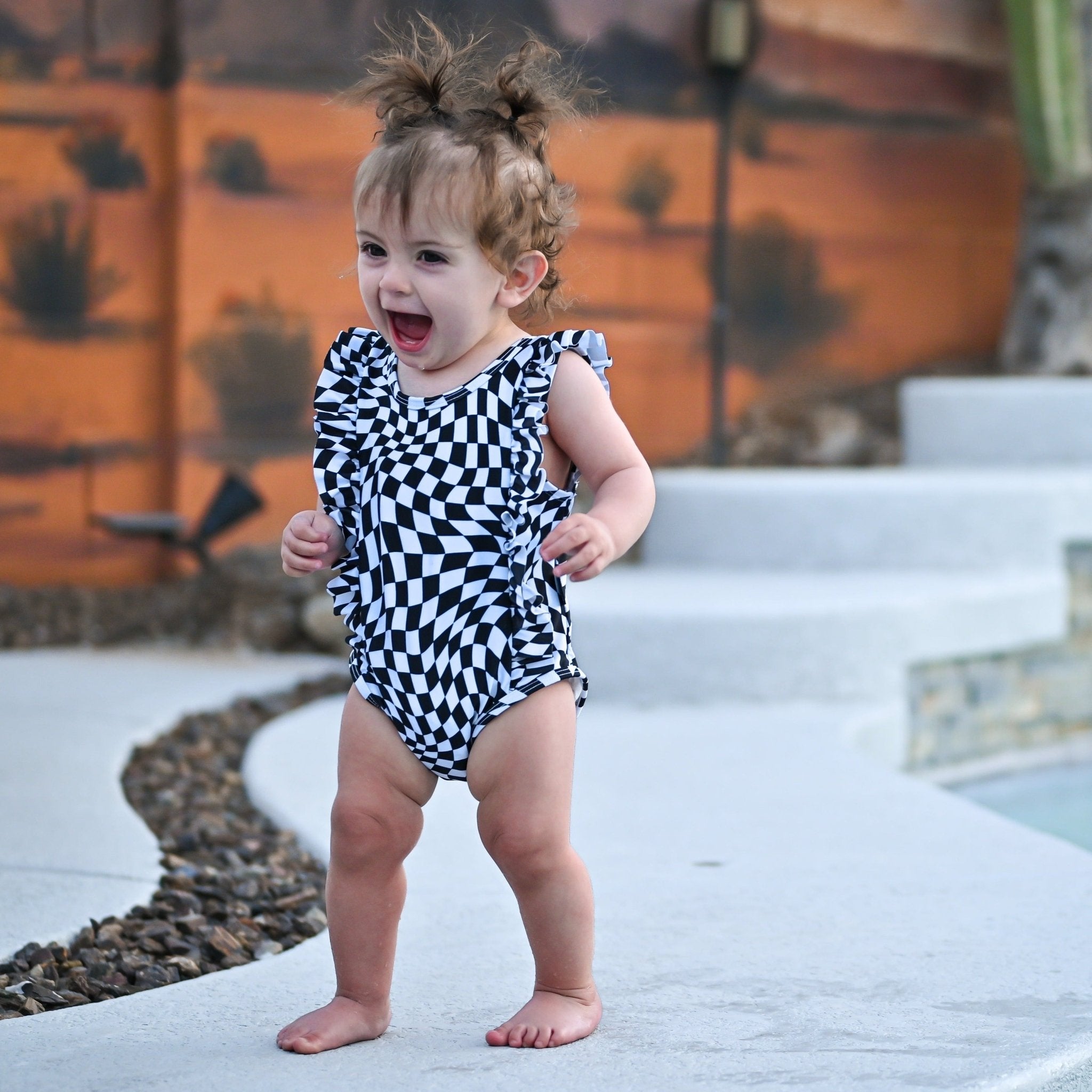 RUFFLE SWIMSUIT - Black Dizzy Check - Tenth & Pine - Ruffle Swimsuit - 6/12m - millie + roo