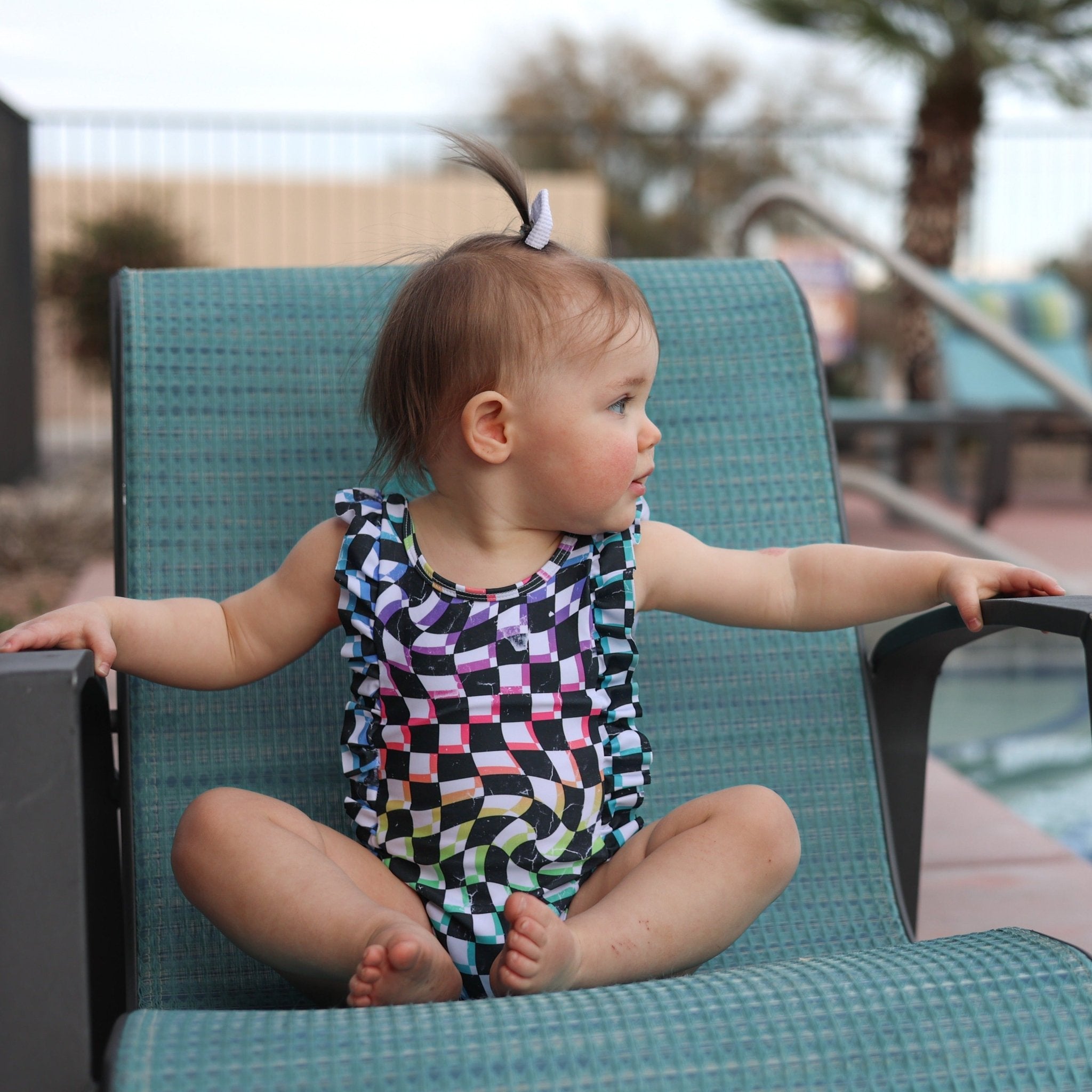 RUFFLE SWIMSUIT - Neon Dizzy Check - Tenth & Pine - Ruffle Swimsuit - 6/12m - millie + roo