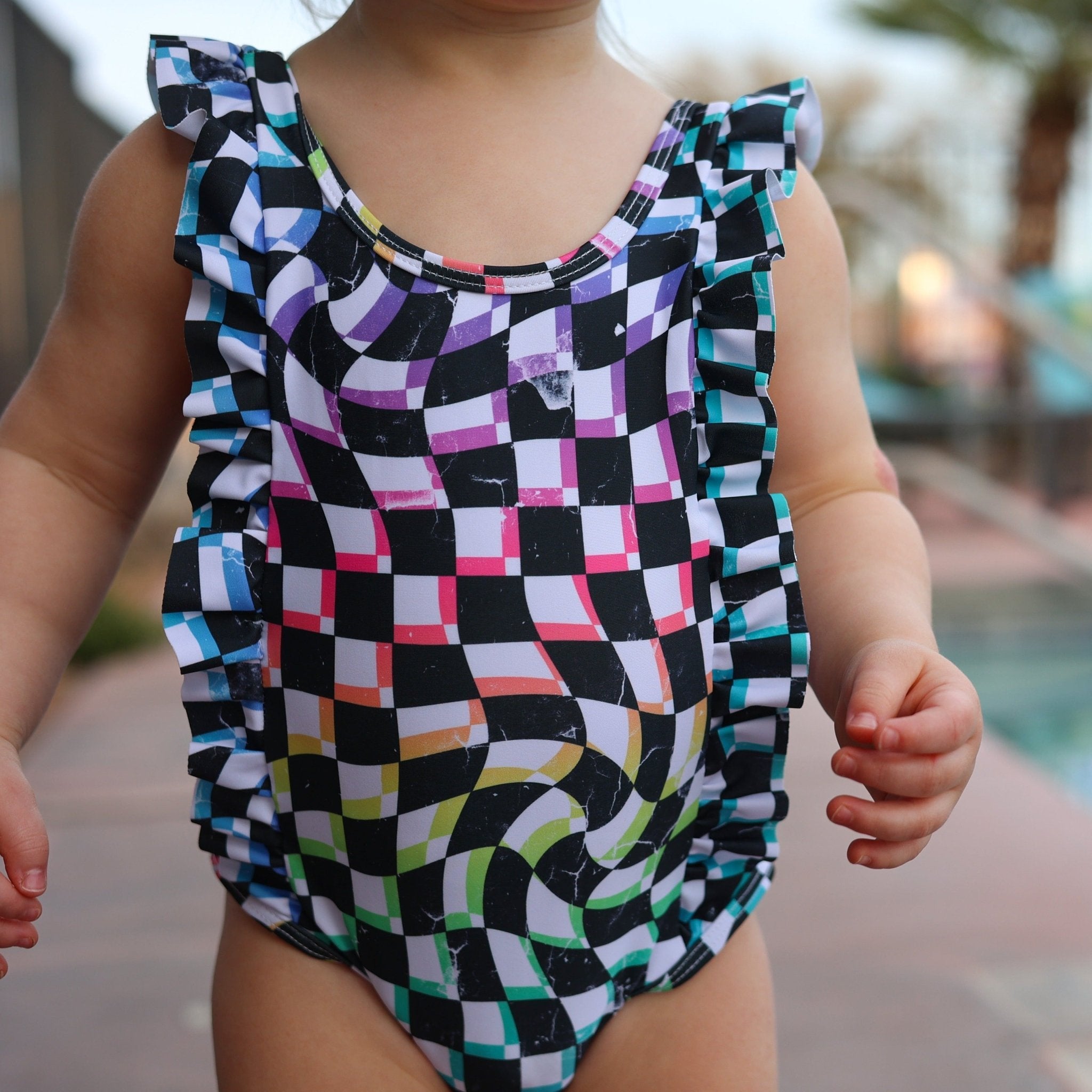 RUFFLE SWIMSUIT - Neon Dizzy Check - Tenth & Pine - Ruffle Swimsuit - 6/12m - millie + roo