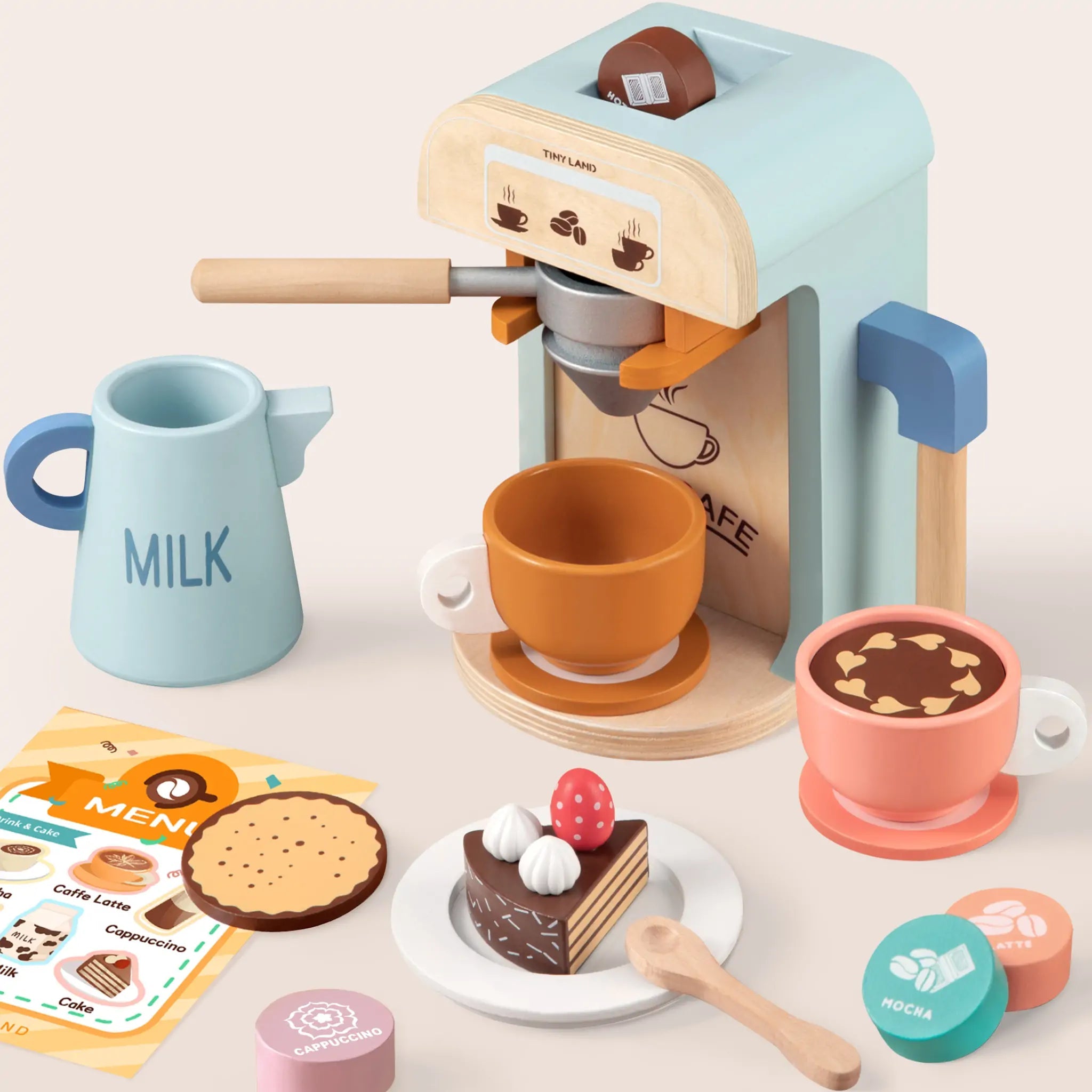 Tiny Land® Wooden Kids Play Coffee Maker Set - Tenth & Pine - Toy Cookware -