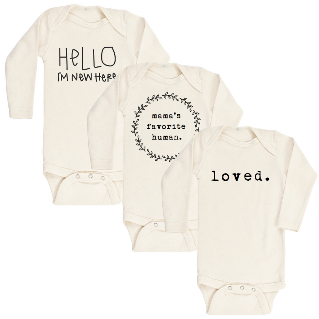 Long Sleeve Organic Bodysuit - 3 Pack - Hello | Loved | Mamas Favorite Human - Tenth and Pine - Organic Baby Clothes