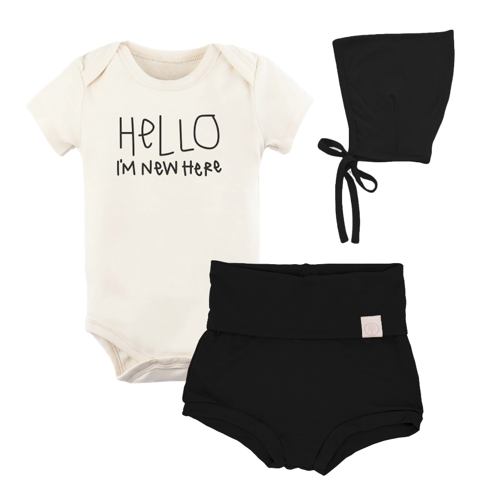 Hello Im New Here - Newborn Bundle Black Bloomers Bonnet Coming Home Outfit Set - Tenth and Pine - Organic Baby Clothes