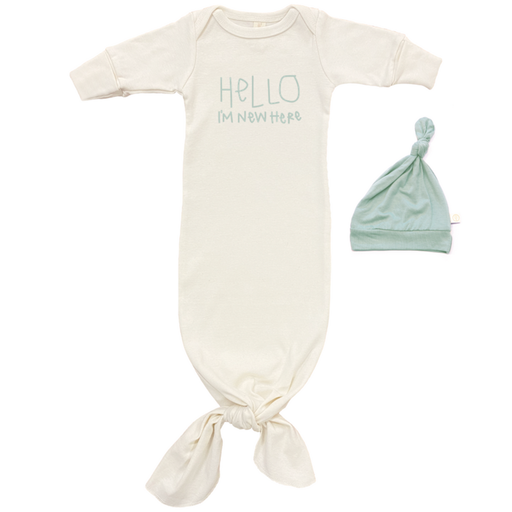 Hello Im New Here Gown + Hat Set - Sage - Tenth and Pine - Organic Baby Clothes