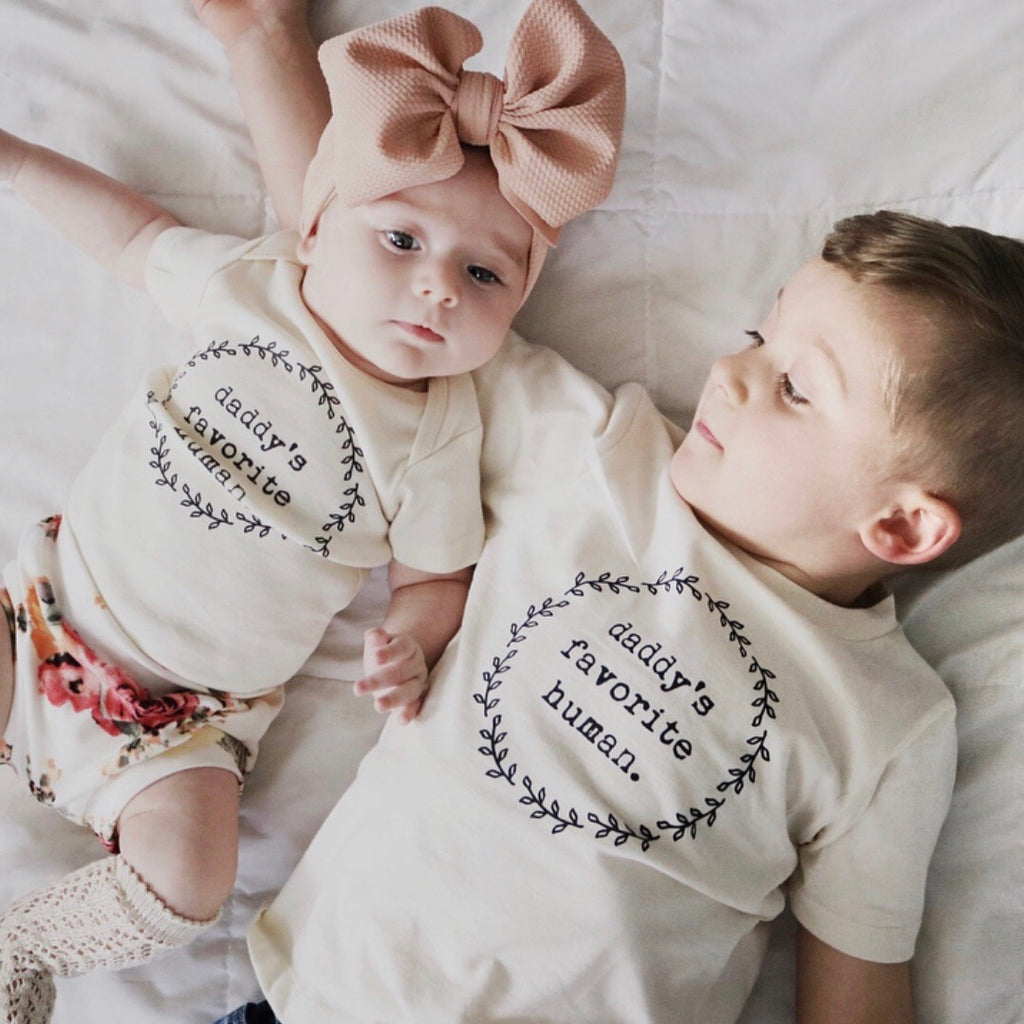 Daddy's Favorite Human, Baby, Girl, Boy, Infant, Toddler, Newborn, Organic, Bodysuit, Outfit, One Piece, Unisex, Gender Neutral, Boho, laurel, wreath, cream, natural color, onesie, onzie, onsie, brother and sister sibling picture, large baby bow