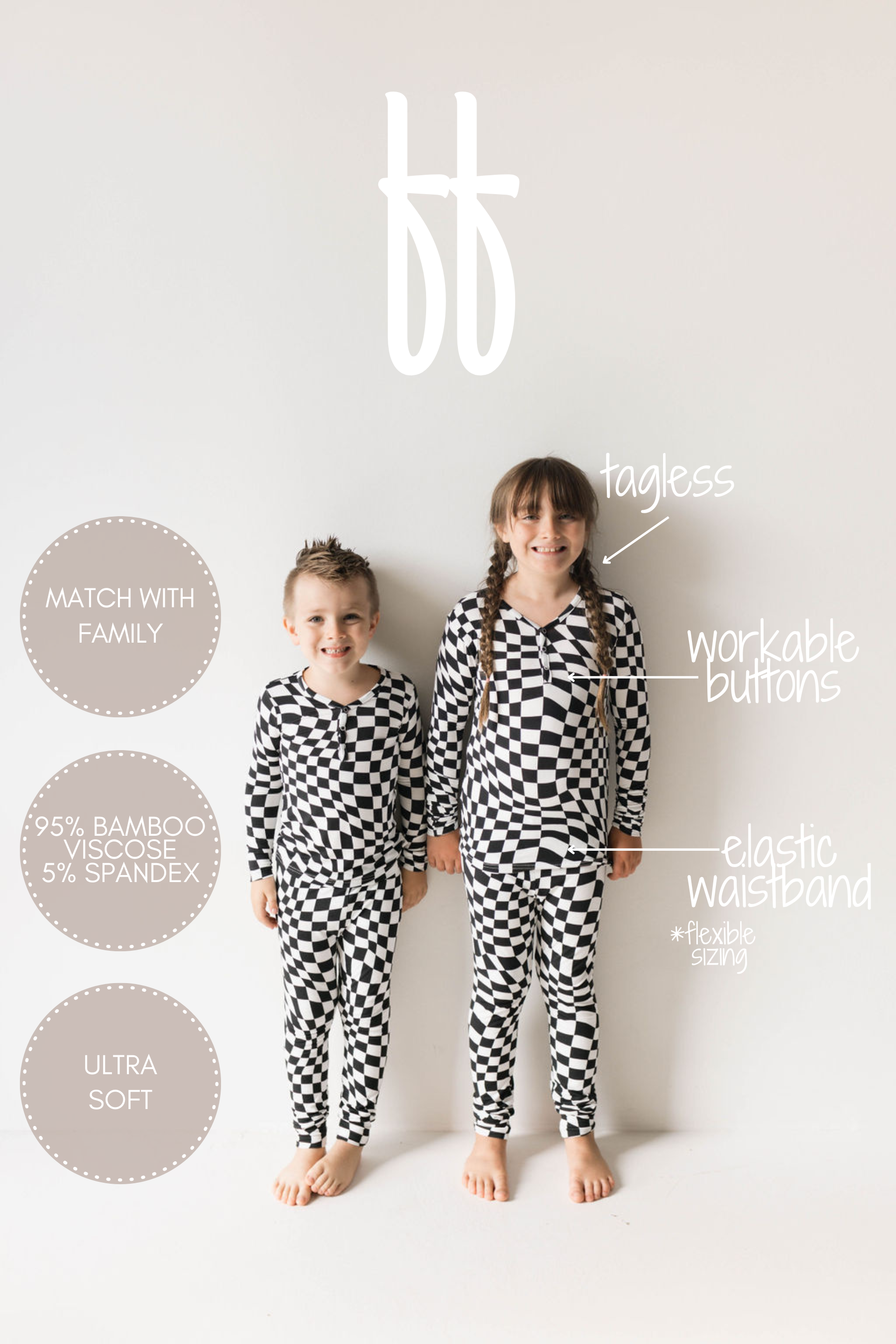 Bamboo Two Piece Pajamas | Black &amp; White Wavy Checkerboard