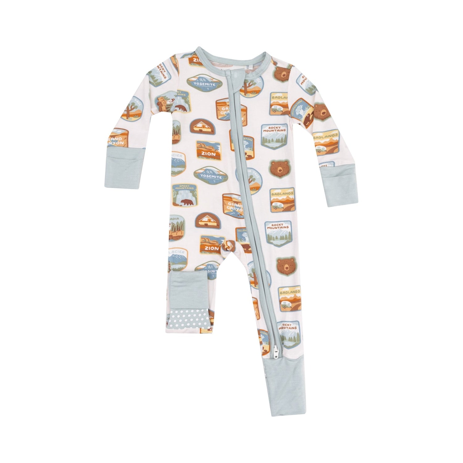 2 Way Zipper Romper - National Park Patches - Tenth & Pine - zip rompers - 0 - 3M - Angel Dear