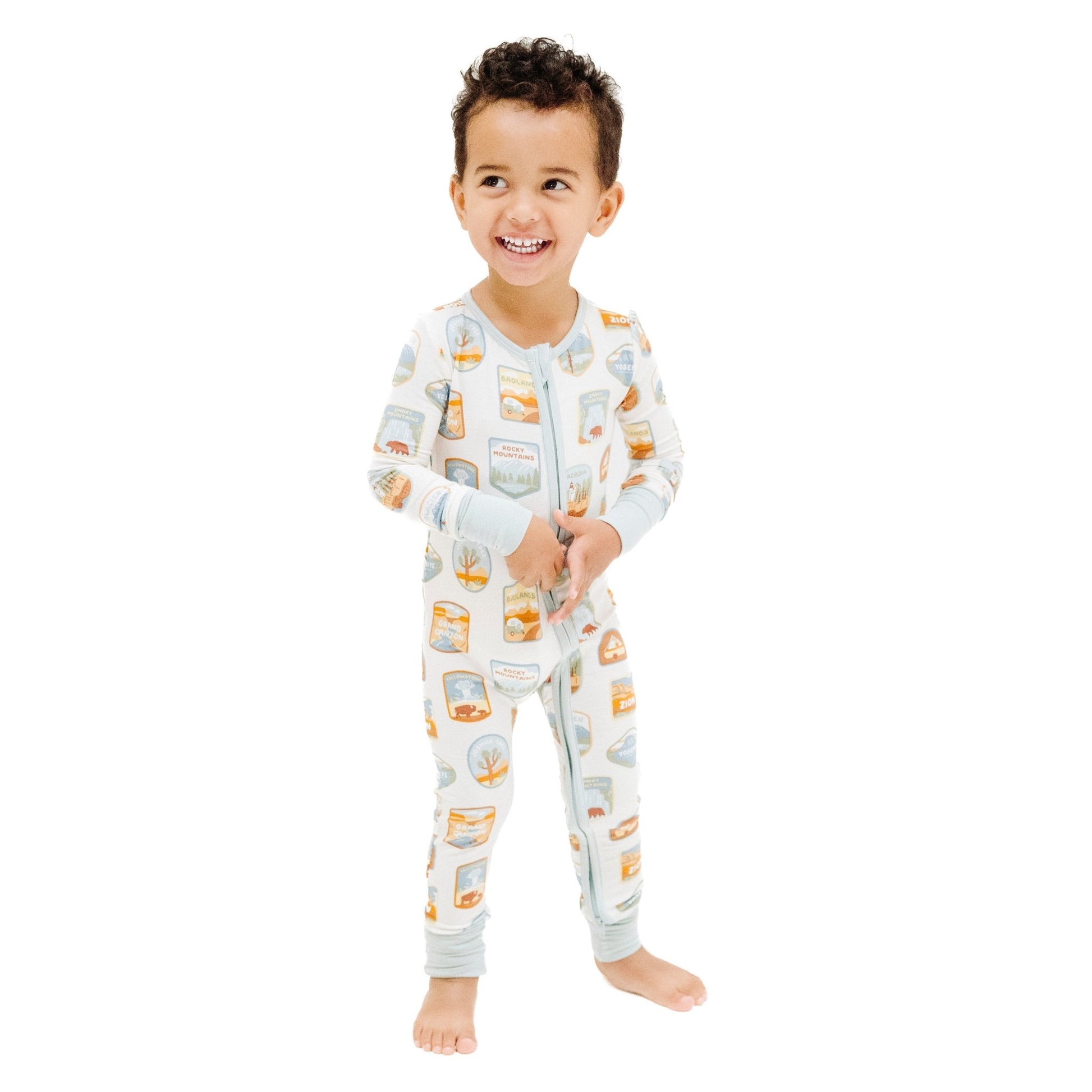 2 Way Zipper Romper - National Park Patches - Tenth & Pine - zip rompers - 0 - 3M - Angel Dear