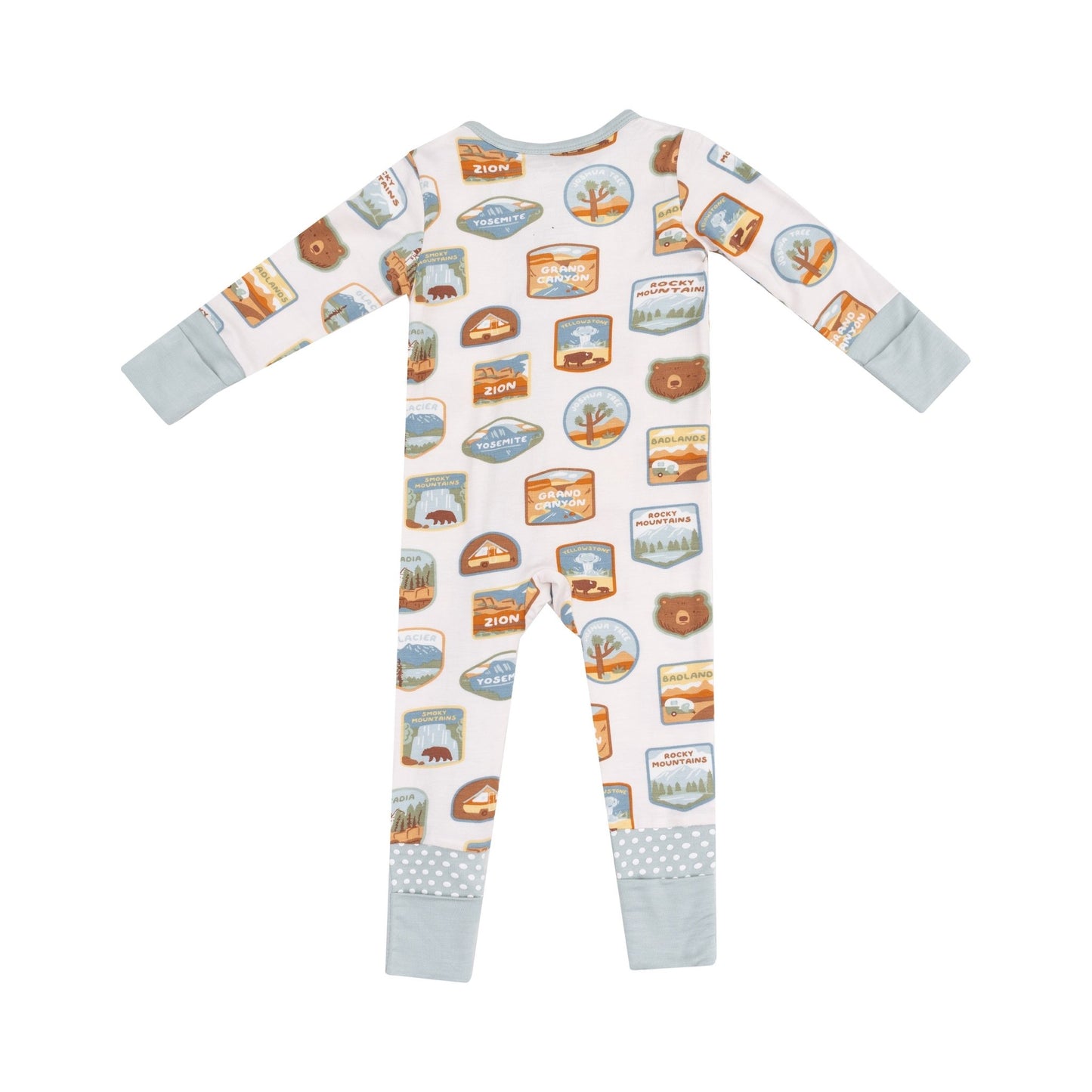 2 Way Zipper Romper - National Park Patches - Tenth & Pine - zip rompers - 0 - 3M - Angel Dear
