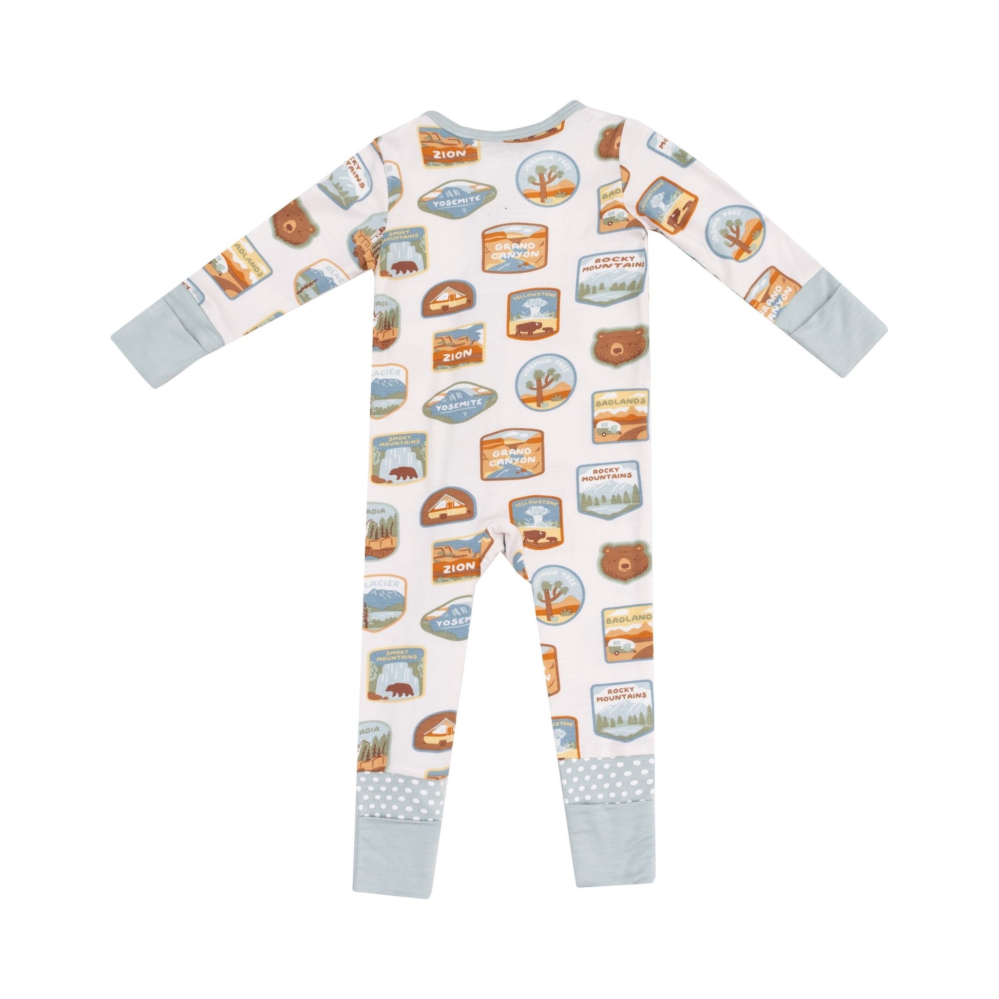 2 Way Zipper Romper - National Park Patches - Tenth & Pine - zip rompers - 0 - 3M - Angel Dear