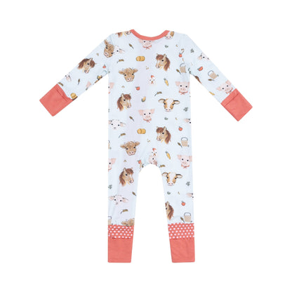 2 Way Zipper Romper - Vintage Animals Faces Blue - Tenth & Pine - zip rompers - 0 - 3M - Angel Dear