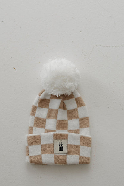 ff Knit Pom Top Beanie | Tan Checkerboard