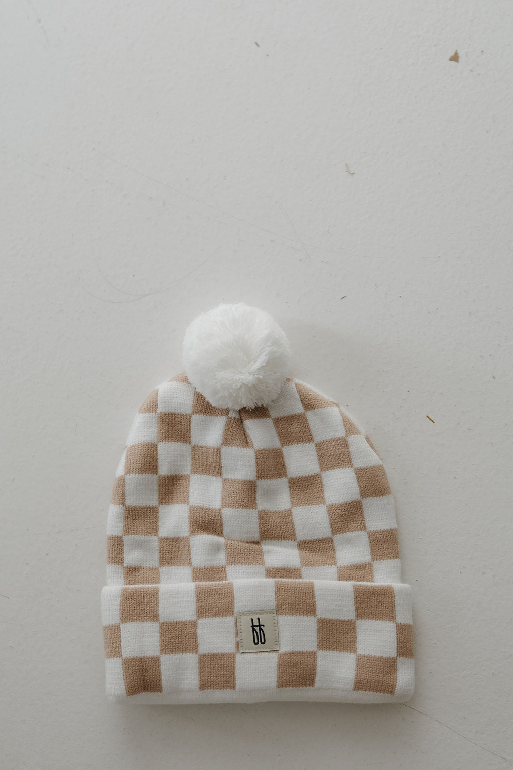 Adult ff Knit Pom Top Beanie | Tan Checkerboard