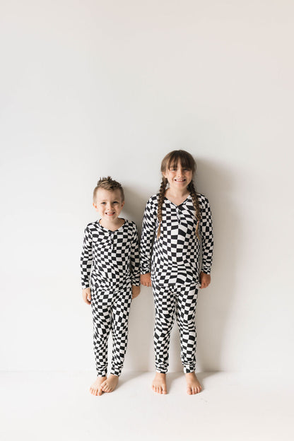 Bamboo Two Piece Pajamas | Black &amp; White Wavy Checkerboard