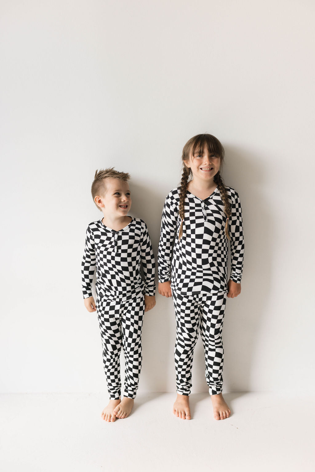 Bamboo Two Piece Pajamas | Black &amp; White Wavy Checkerboard