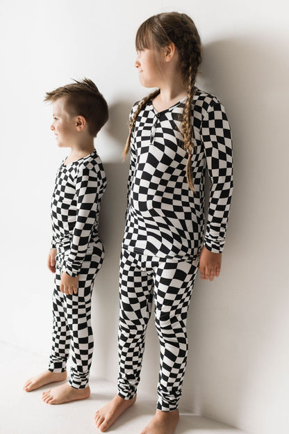 Bamboo Two Piece Pajamas | Black &amp; White Wavy Checkerboard