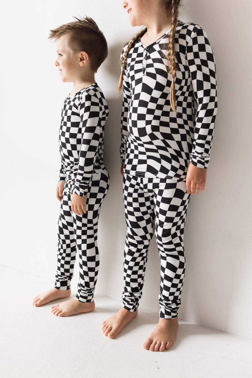 Bamboo Two Piece Pajamas | Black &amp; White Wavy Checkerboard