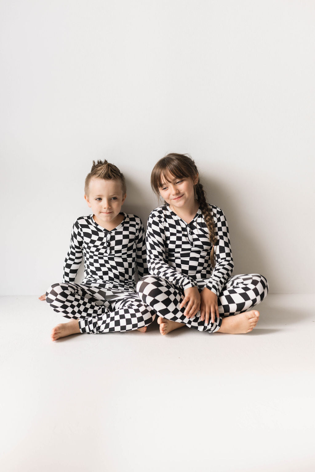 Bamboo Two Piece Pajamas | Black &amp; White Wavy Checkerboard