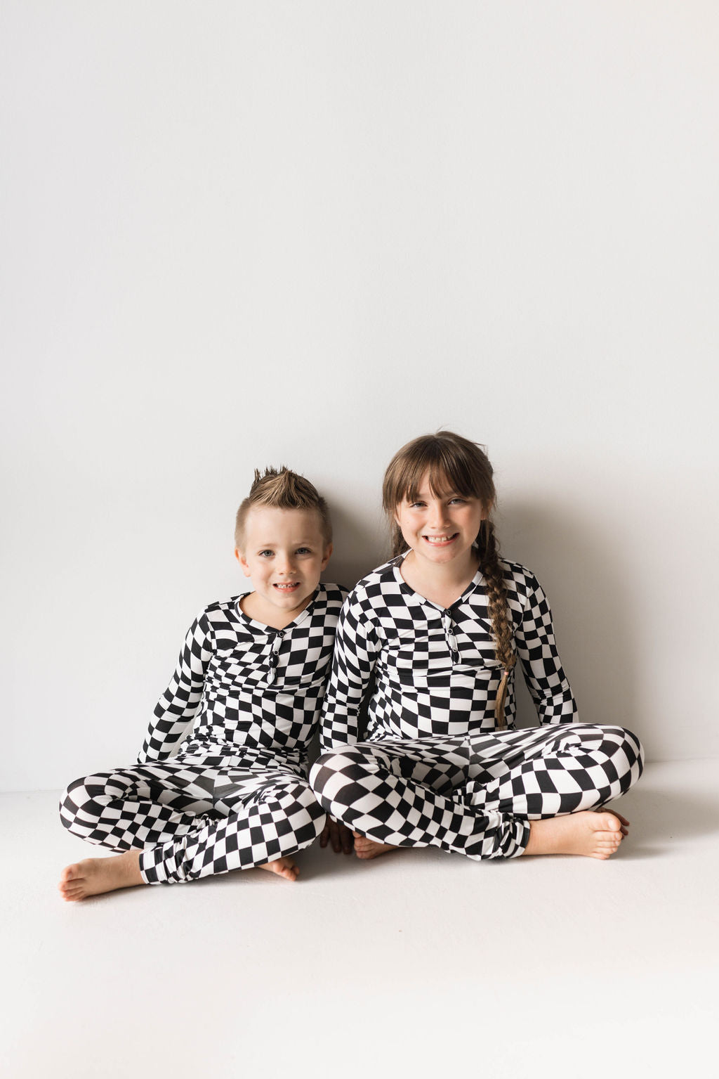 Bamboo Two Piece Pajamas | Black &amp; White Wavy Checkerboard