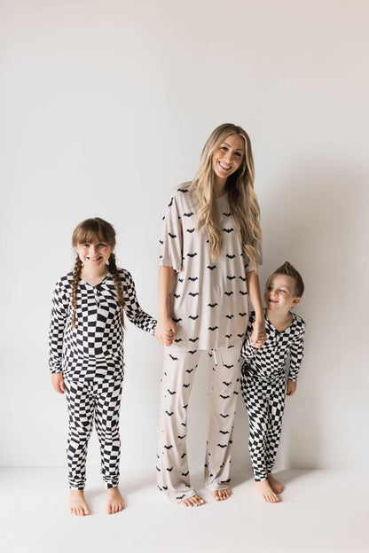 Bamboo Two Piece Pajamas | Black &amp; White Wavy Checkerboard