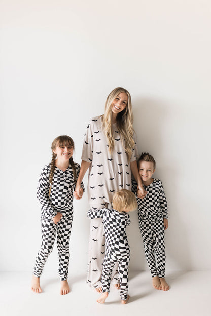 Bamboo Two Piece Pajamas | Black &amp; White Wavy Checkerboard