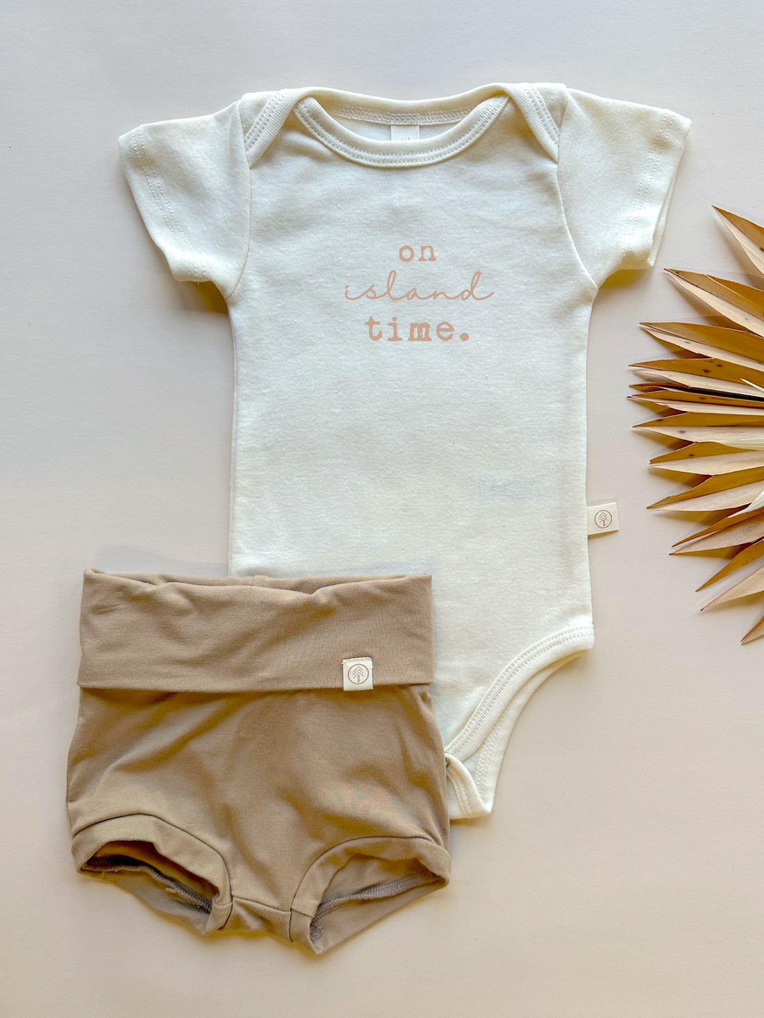 On Island Time | Bamboo Fold Over Bloomers and Organic Cotton Bodysuit Set | Almond