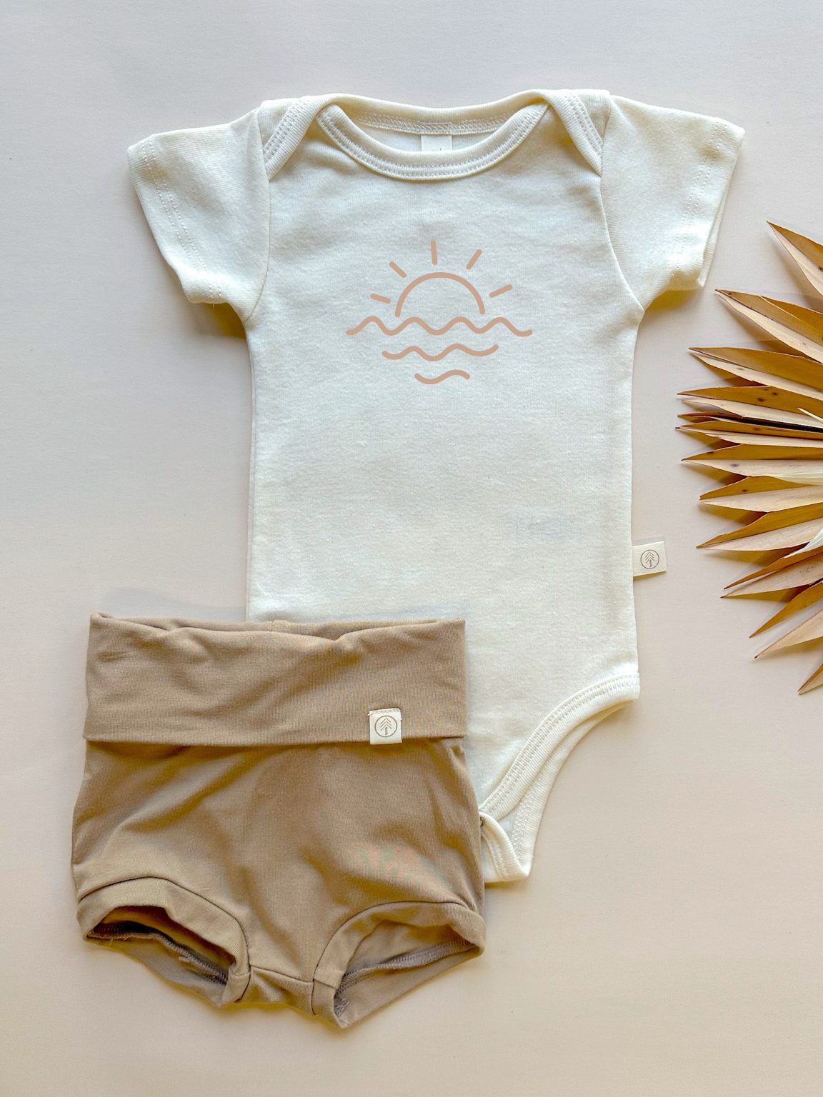 Sun Waves | Bamboo Fold Over Bloomers and Organic Cotton Bodysuit Set | Almond