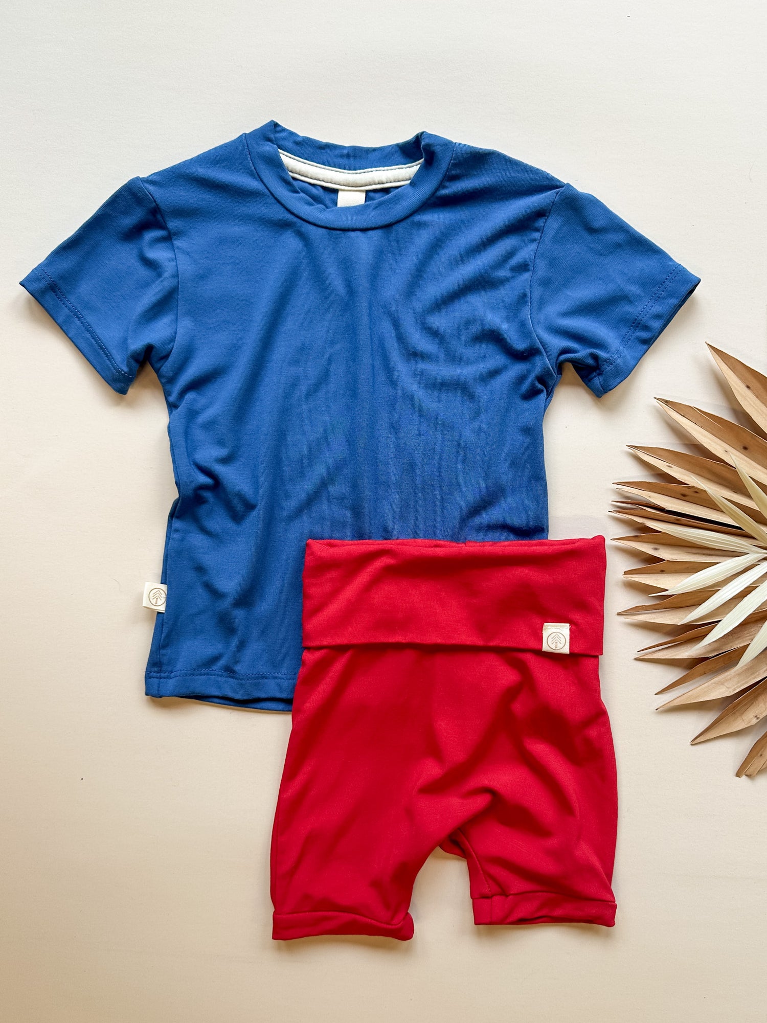 Fold Over Shorties and Short Sleeve Tee Set | Cobalt + Red | Luxury Bamboo