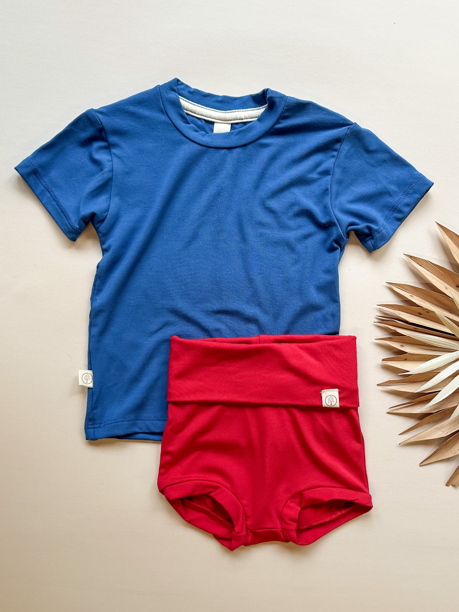 Fold Over Bloomers and Short Sleeve Tee Set | Cobalt + Red | Luxury Bamboo