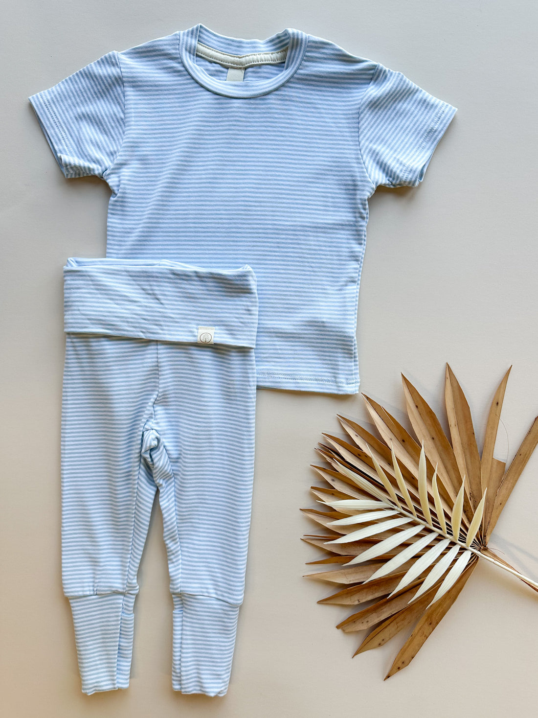 Leggings + T-shirt Bamboo/Organic Cotton Outfit Set | Light Blue Stripe