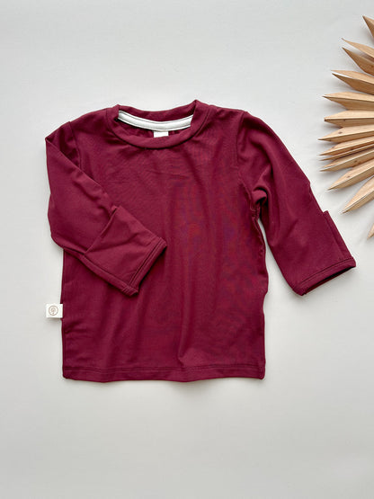 *Preorder* Long Sleeve T-shirt or Bodysuit with Mittens | Baby &amp; Toddler | Luxury Bamboo | Merlot