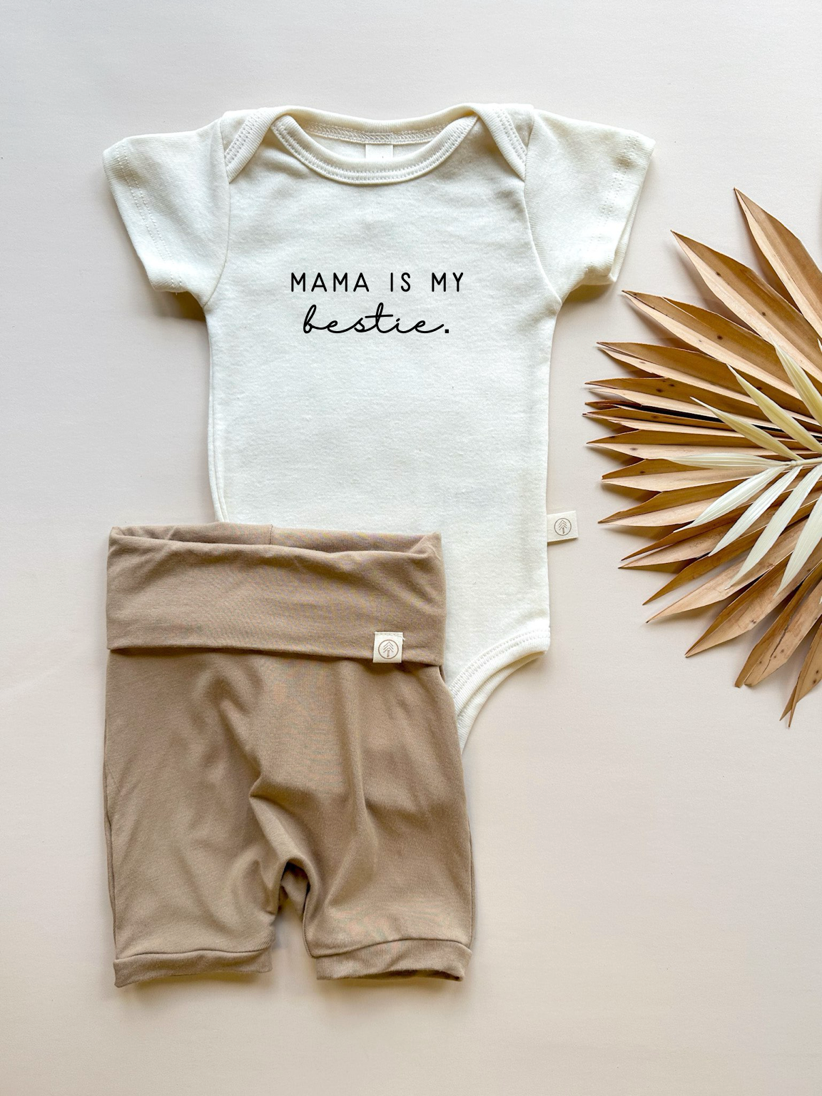 Mama Bestie | Bamboo Fold Over Shorties and Organic Cotton Bodysuit Set | Almond