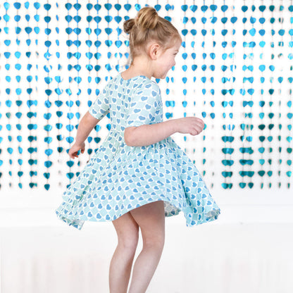 MID SLEEVE TWIRL DRESS- Blue Hearts