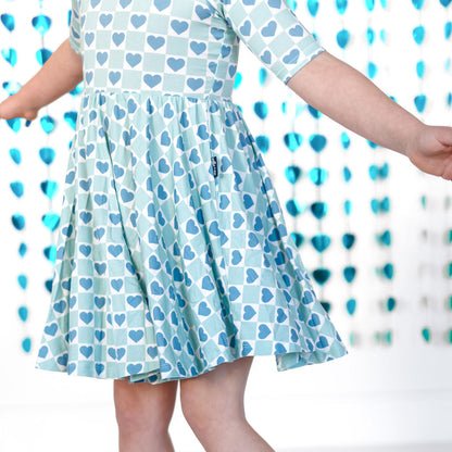 MID SLEEVE TWIRL DRESS- Blue Hearts