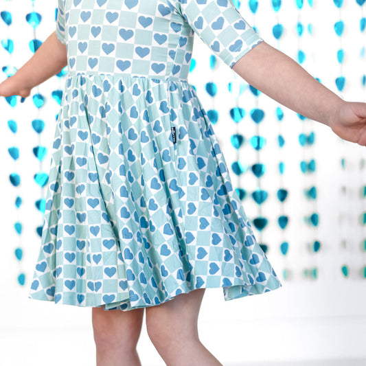 MID SLEEVE TWIRL DRESS- Blue Hearts