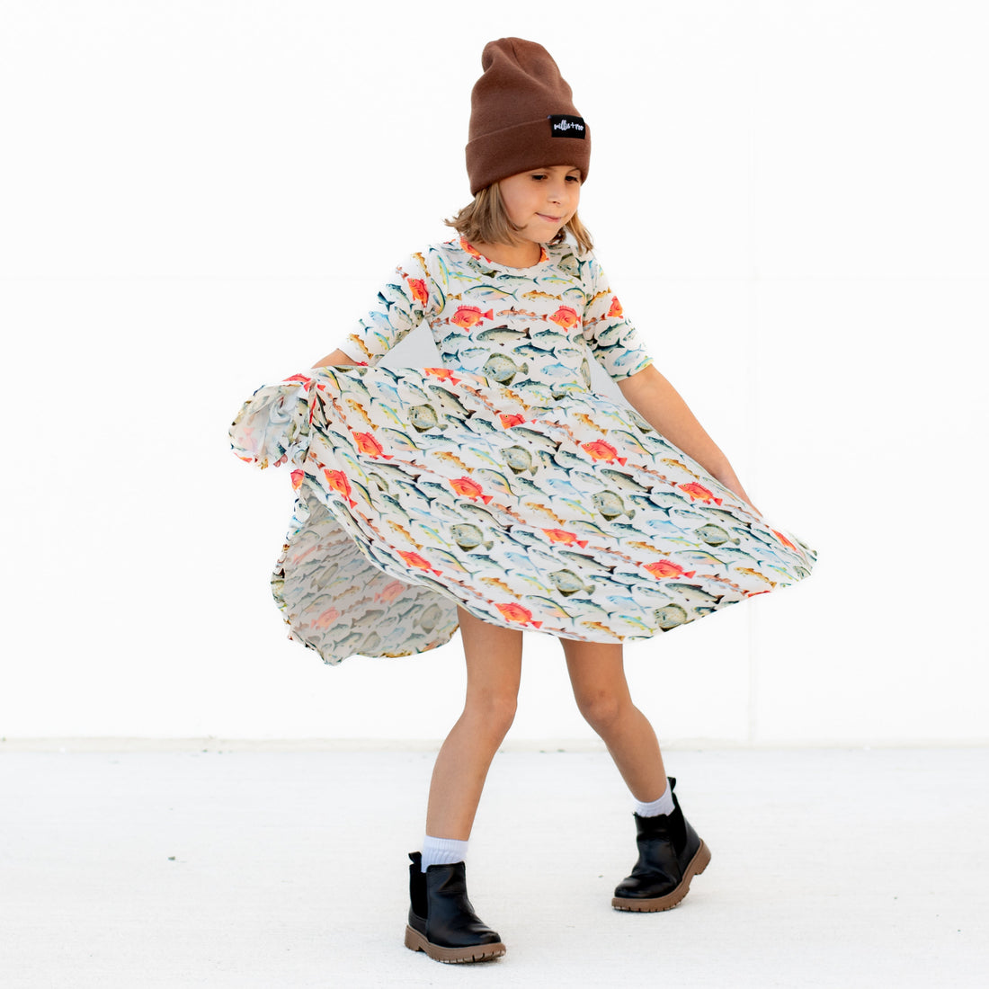 MID SLEEVE TWIRL DRESS- Fishy