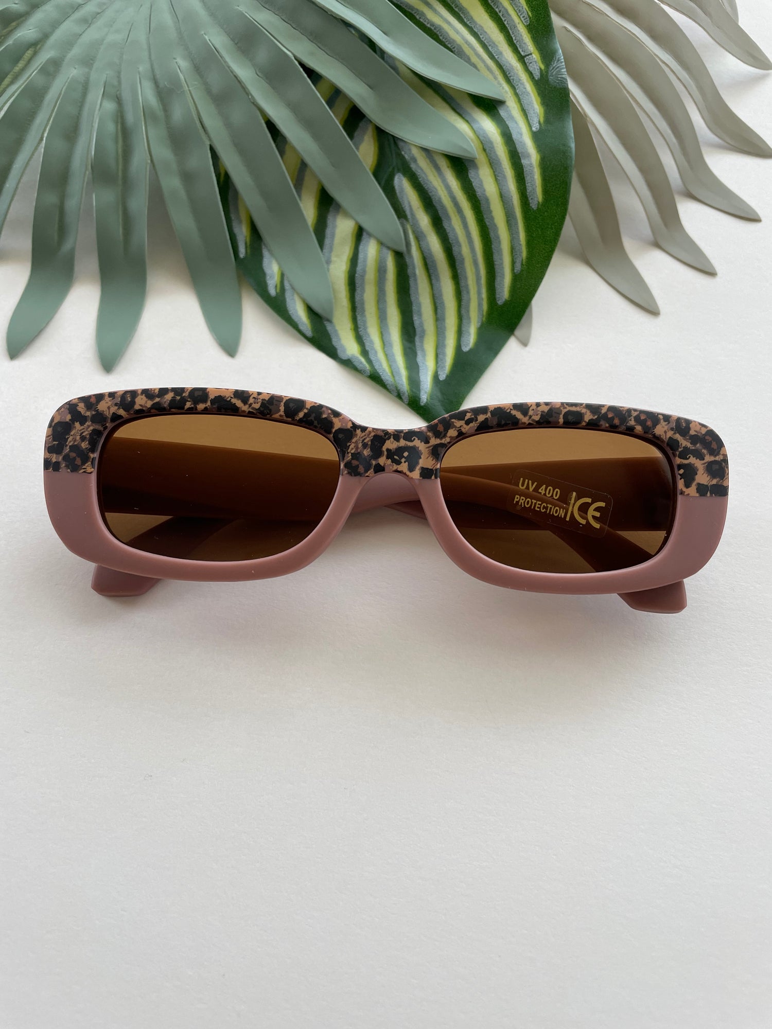 Rectangle Two Tone Cheetah Sunglasses - Dusty Rose