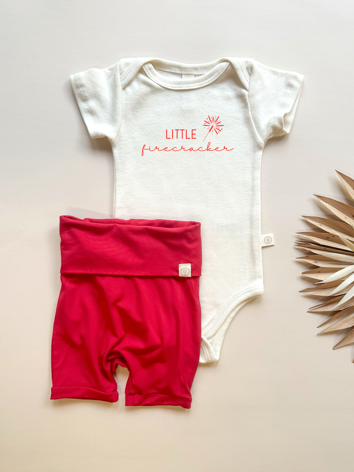 Little Firecracker | Bamboo Fold Over Shorties and Organic Cotton Bodysuit Set | Red